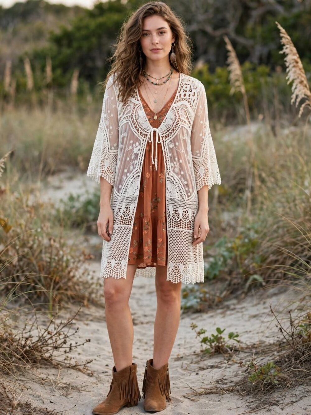 Vintage Papillon Knee Length Cotton Crochet Cover-up/Bohemian Duster
